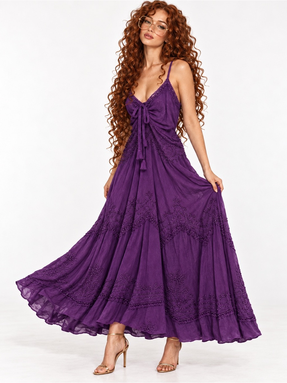 Bohemian Purple Maxi Dress with Tie Front